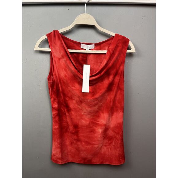 Belah & Codey Cowl Neck Top Womens Orange Red Tie‎ dye Tank Stretch Blouse NEW - Picture 1 of 8